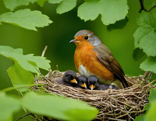 Fototapeta premium Close-up of a Mother robin tenderly watches over her chicks in a nest nestled amongst lush green leaves.