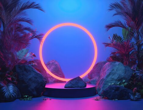 Neon-lit circular frame amidst tropical foliage and rocks on a dark platform, bathed in vibrant blue and pink hues