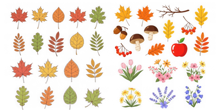 Autumnal collection of leaves acorns mushrooms and flowers on black background