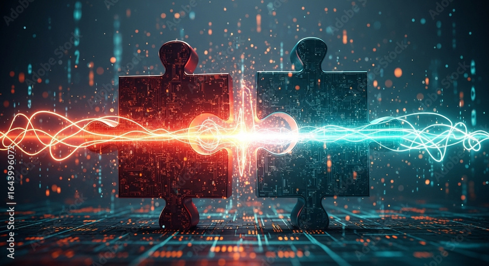 Poster interconnected puzzle pieces with glowing energy streams symbolizing collaboration and synergy in te
