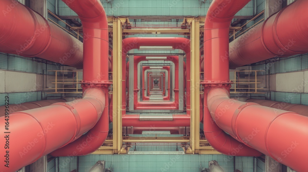 Poster Symmetrical Architecture of Red Pipelines in Industrial Setting
