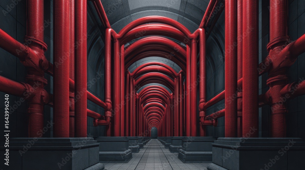 Poster symmetrical red pipeline architecture in dark background setting