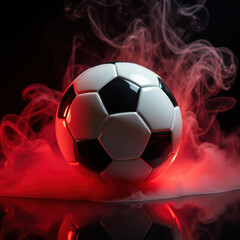 Fototapeta premium Soccer ball surrounded by red smoke creates dramatic and energetic atmosphere, perfect for sports enthusiasts