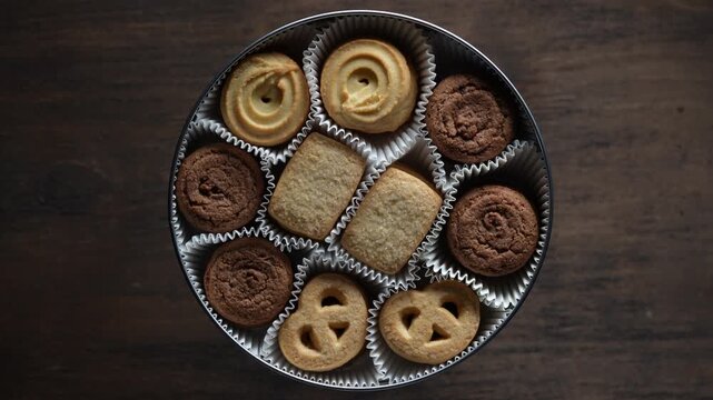 Crispy crumbly shortbread cookies in a round metal box on wooden table, top view, close up, rotates