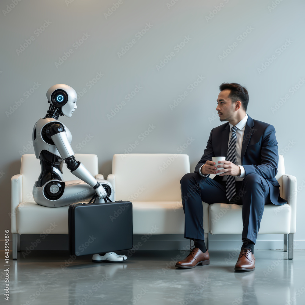 Poster businessman sits couch, engaging conversation with humanoid robot. modern setting highlights technol