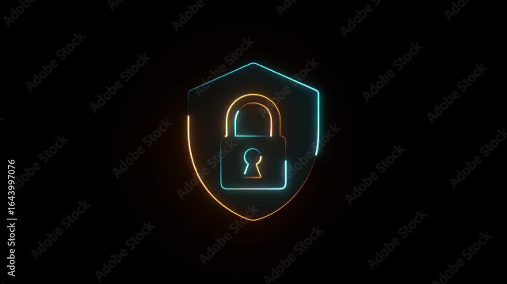 Aufkleber glowing neon line shield security with lock icon on a black background animation.