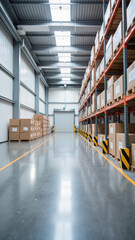 Fototapeta premium Spacious warehouse interior featuring neatly stacked cardboard boxes shelves, bright lighting, and polished concrete floor creates organized