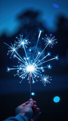 Sparkling firework illuminates night sky, creating magical atmosphere with vibrant blue hues and shimmering lights