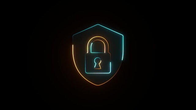 Glowing neon line Shield security with lock icon on a black background animation.