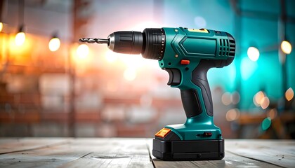 Teal cordless drill on wooden table