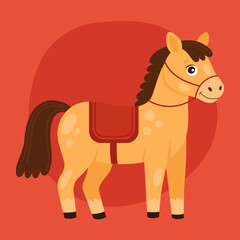 Yellow horse, pony with red saddle. Cute zodiac horse, new year of the horse. Cute happy animal character on red background.