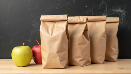 Fresh apples beside brown paper bags on wooden table create cozy, inviting atmosphere. Perfect for healthy snack or meal prep