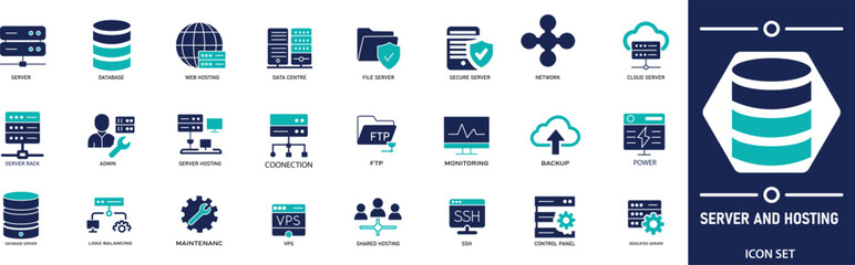 Solid vector icons collection featuring cloud computing, server, domain, firewall, internet, FTP, database, SSL, and more web hosting elements. Perfect for tech, IT, and online service designs