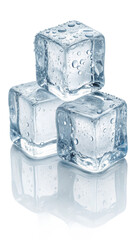 Three Wet Ice Cubes on Reflective Surface; Cool, Refreshing, Clean Stock Photo