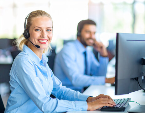 A smiling team of business people and women work together at computers in a modern office, assisting customers with headsets