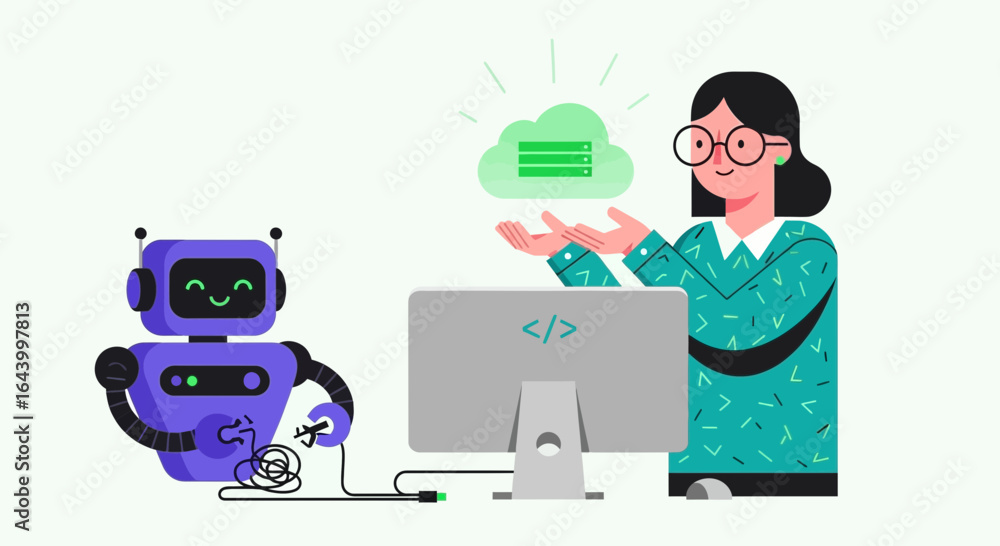 Aufkleber a human showing a robot how to access cloud data resources for seamless operations