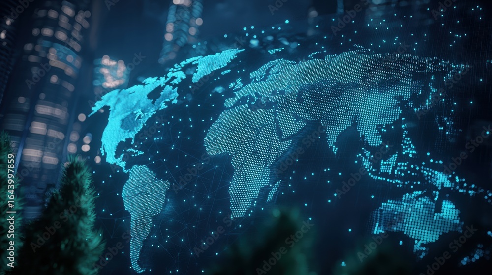 Poster world map futuristic 3d interface transparent world map overlay on a cityscape, augmented reality in