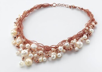 Rose gold-toned strands of cord intricately woven, adorned with varying sizes of off-white pearls and small metallic beads, forming a cascading, statement necklace