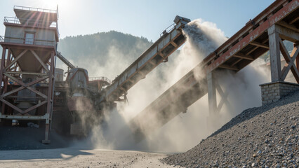 Dusty industrial site with machinery processing materials, conveying gravel and sand. scene captures essence of heavy duty operations