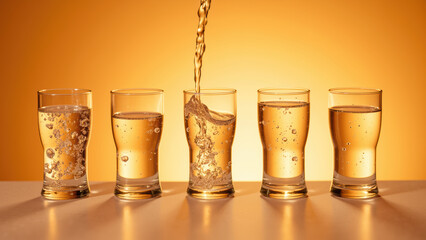 Refreshing drinks in clear glasses with bubbles, showcasing golden hue, create vibrant atmosphere
