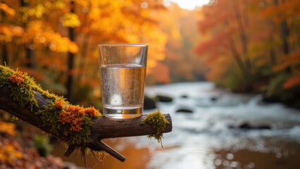 Clear glass of water rests on moss covered branch, surrounded by vibrant autumn foliage and flowing river, creating serene atmosphere