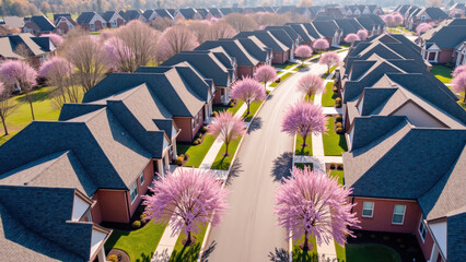 Picturesque neighborhood featuring charming houses lined along serene street, adorned with vibrant pink flowering trees. scene evokes sense