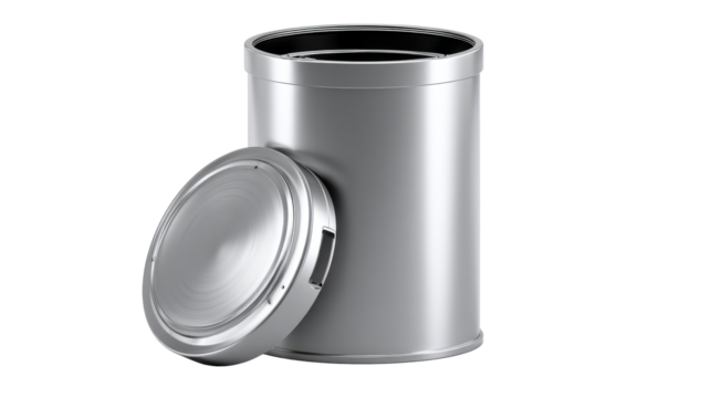 Metal cylindrical container with open lid and handle