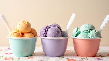 Delicious ice cream scoops in colorful cups create cheerful and inviting scene, perfect for summer enjoyment and sweet treats