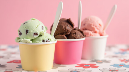 Delicious ice cream scoops in colorful cups, featuring mint chocolate chip, chocolate, and strawberry flavors, evoke joyful treat experience