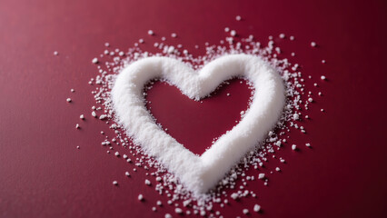 Heart shape made of white sugar on red background creates sweet and romantic atmosphere