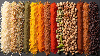 Colorful spices arranged in vibrant display, showcasing variety of textures and hues, perfect for culinary inspiration and creativity