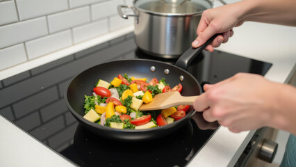 Healthy cooking with fresh vegetables in skillet, vibrant colors of tomatoes, peppers, and greens create delightful meal preparation scene