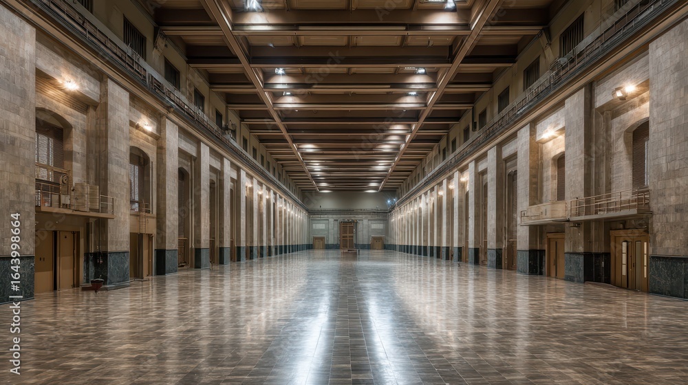 Poster symmetrical view of a spacious hall with turbine architecture design