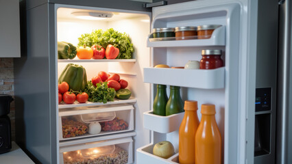 Fresh vegetables and fruits are neatly organized in modern refrigerator, showcasing variety of colors and healthy options