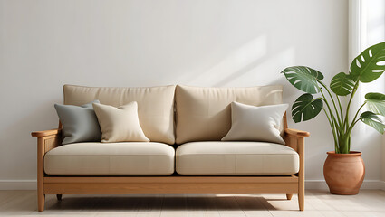 Beige Sofa Wooden Frame Light Room Monstera Plant wooden sofa