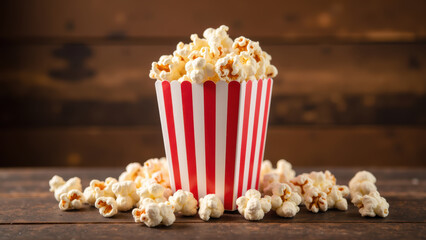 Crispy popcorn in striped container, perfect for movie nights or snacks, evokes sense of comfort and enjoyment