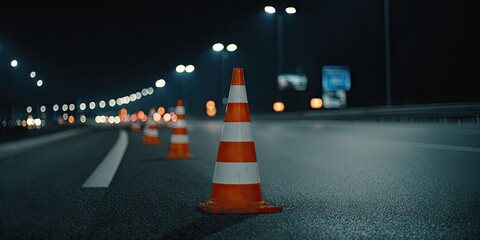 Night highway scene with orange and white traffic cones leading into the distance under streetlights