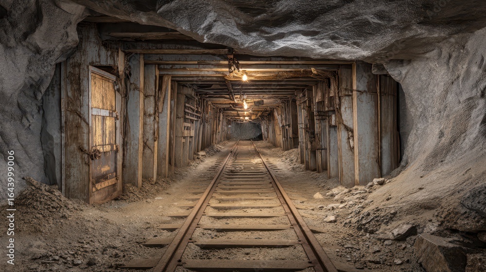 Poster underground tunnel view with rails and dim lighting for exploration