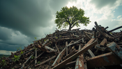 Solitary tree stands atop mound of debris, symbolizing resilience amidst destruction. dramatic sky adds to emotional depth of scene