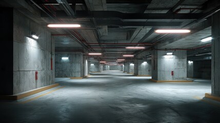 Industrial Underground Parking Garage with Effective Lighting Setup