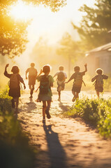 Joyful school children running to school in the town street in autumn. Back to school concept.