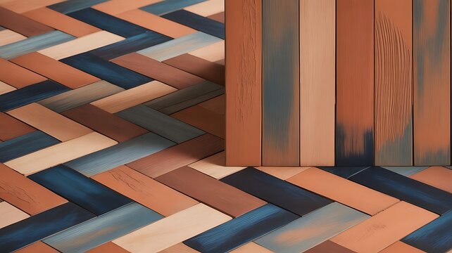 Wooden floor tiles in a herringbone pattern with brown and blue colors