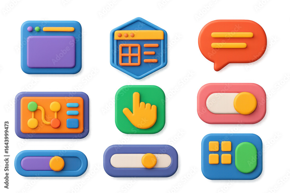 Poster set of colorful buttons and icons, including a green one with a pointer