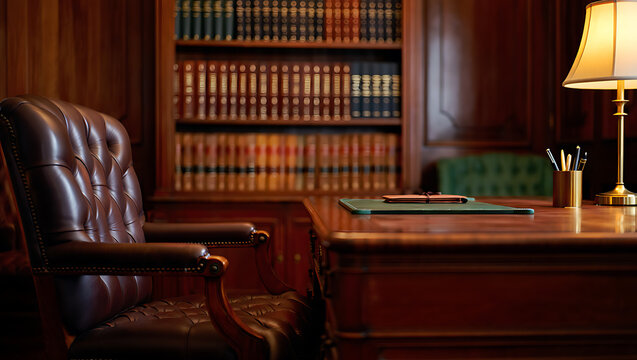 Dark Brown Leather Chair Desk Bookshelf Study wooden desk
