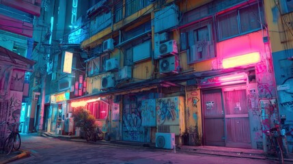 Naklejka premium Vibrant Neon Urban Street Art in Atmospheric City Scene
