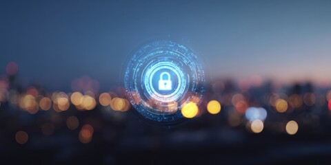 The digital security lock symbolizing protection in an urban landscape at dusk.