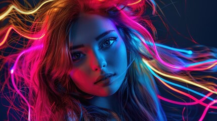 a beautiful woman with long hair, made of colorful neon