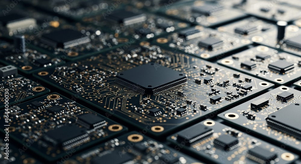 Poster close up view of multiple circuit boards with chips and intricate pathways in a dark setting