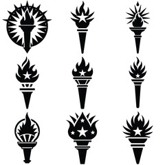 Naklejka premium A set of stylized torch vector designs with flames, stars, and emblems