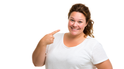 Woman smiling and pointing at herself on white